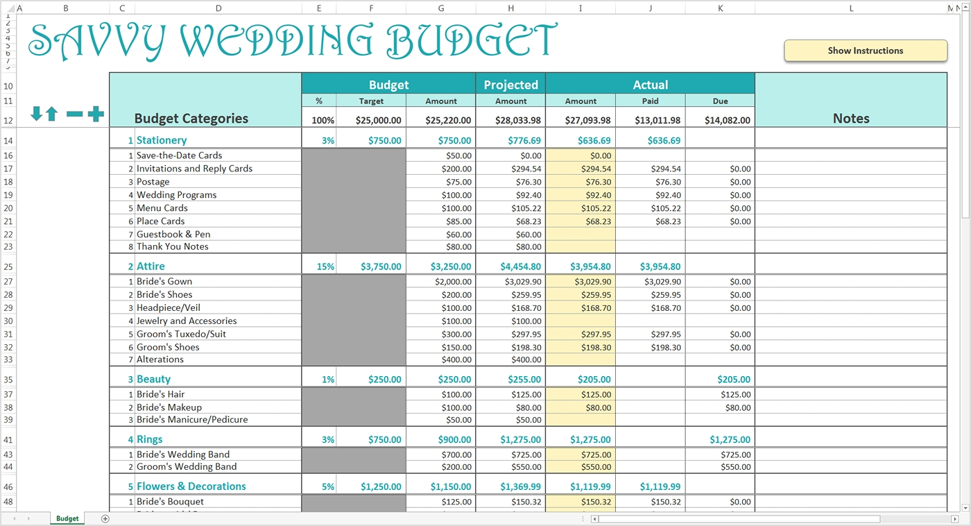 Smart Wedding Budget Excel Template Savvy Spreadsheets Inside to Wedding Budget Spreadsheet Template