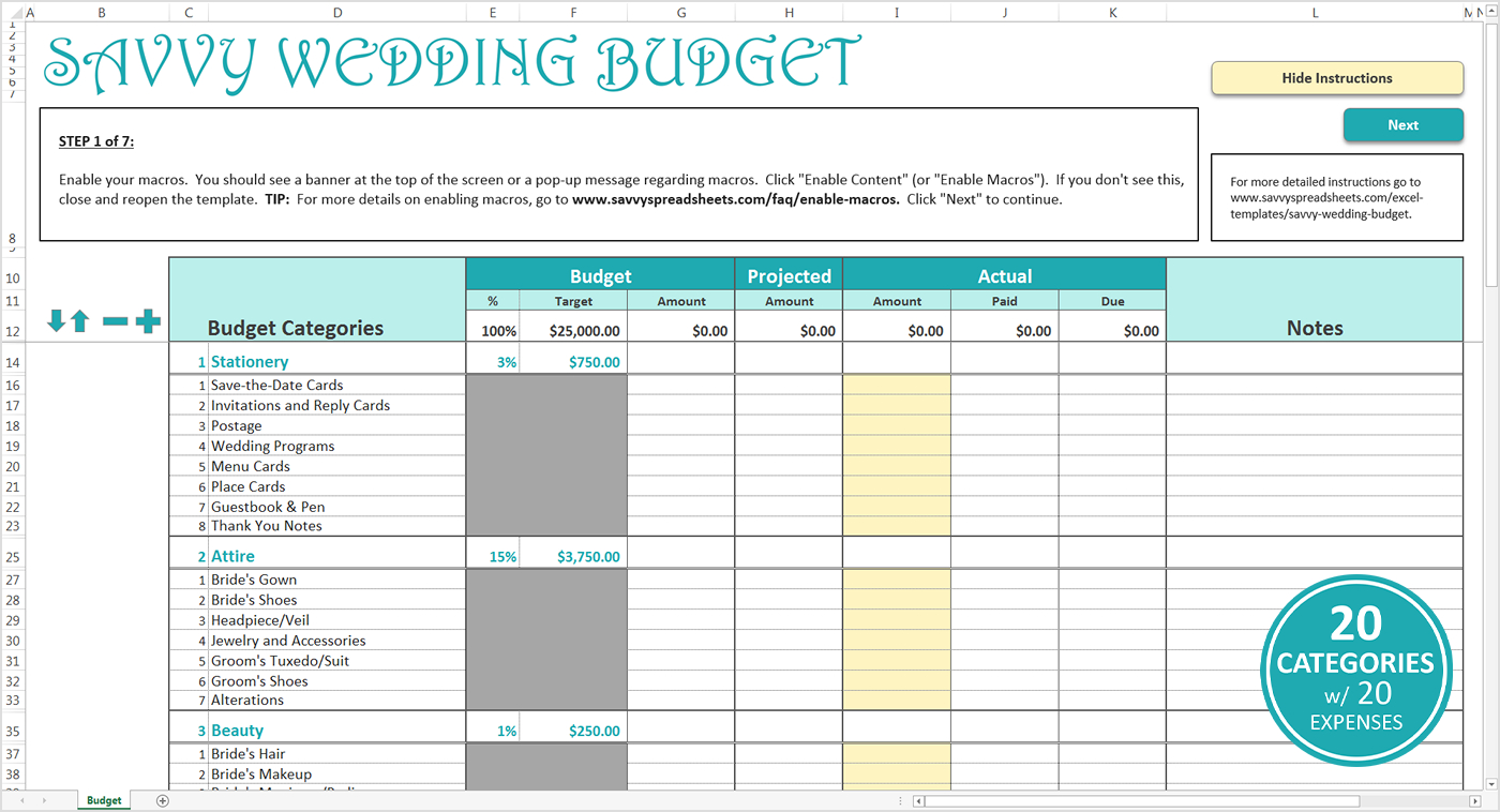 Smart Wedding Budget - Excel Template - Savvy Spreadsheets within Wedding Budget Spreadsheet Template