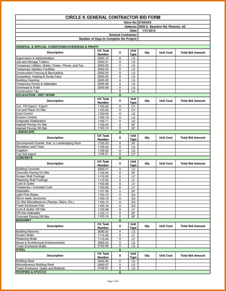 Subcontractor Bid Form Template Also Residential Construction inside ...