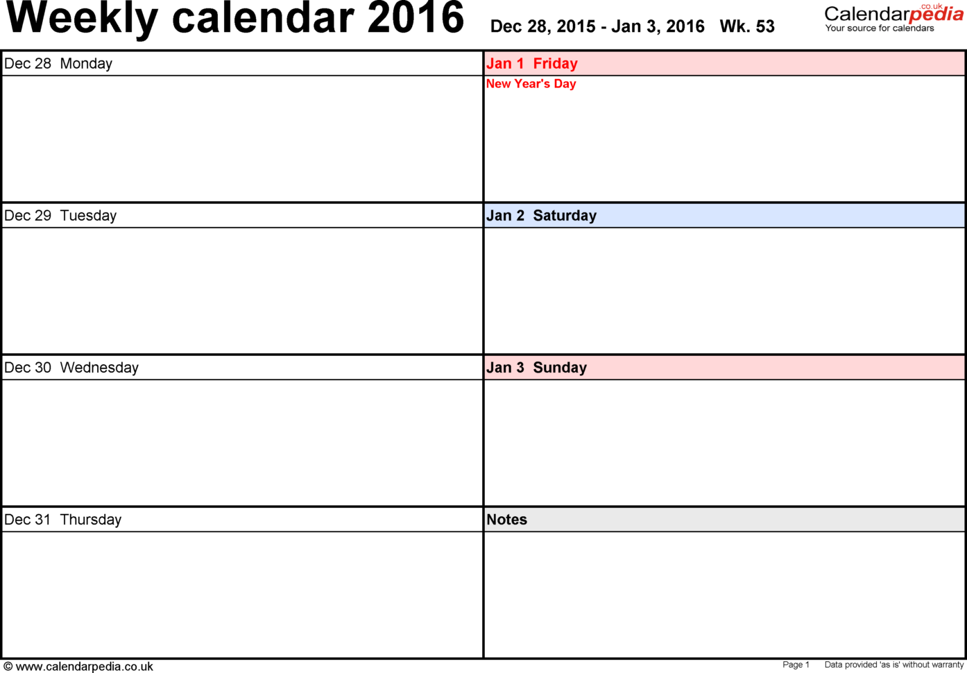 Weekly Calendar 2016 Uk   Free Printable Templates For Pdf For Monthly Work Schedule Template Pdf