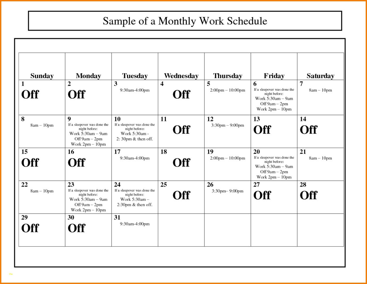 Work Calendar Template Luxury Monthly Work Schedule Template Example For Monthly Employee Schedule Template