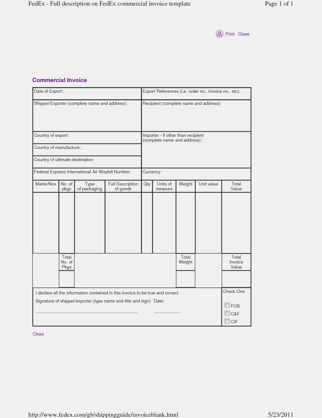 fedex commercial invoice xls template