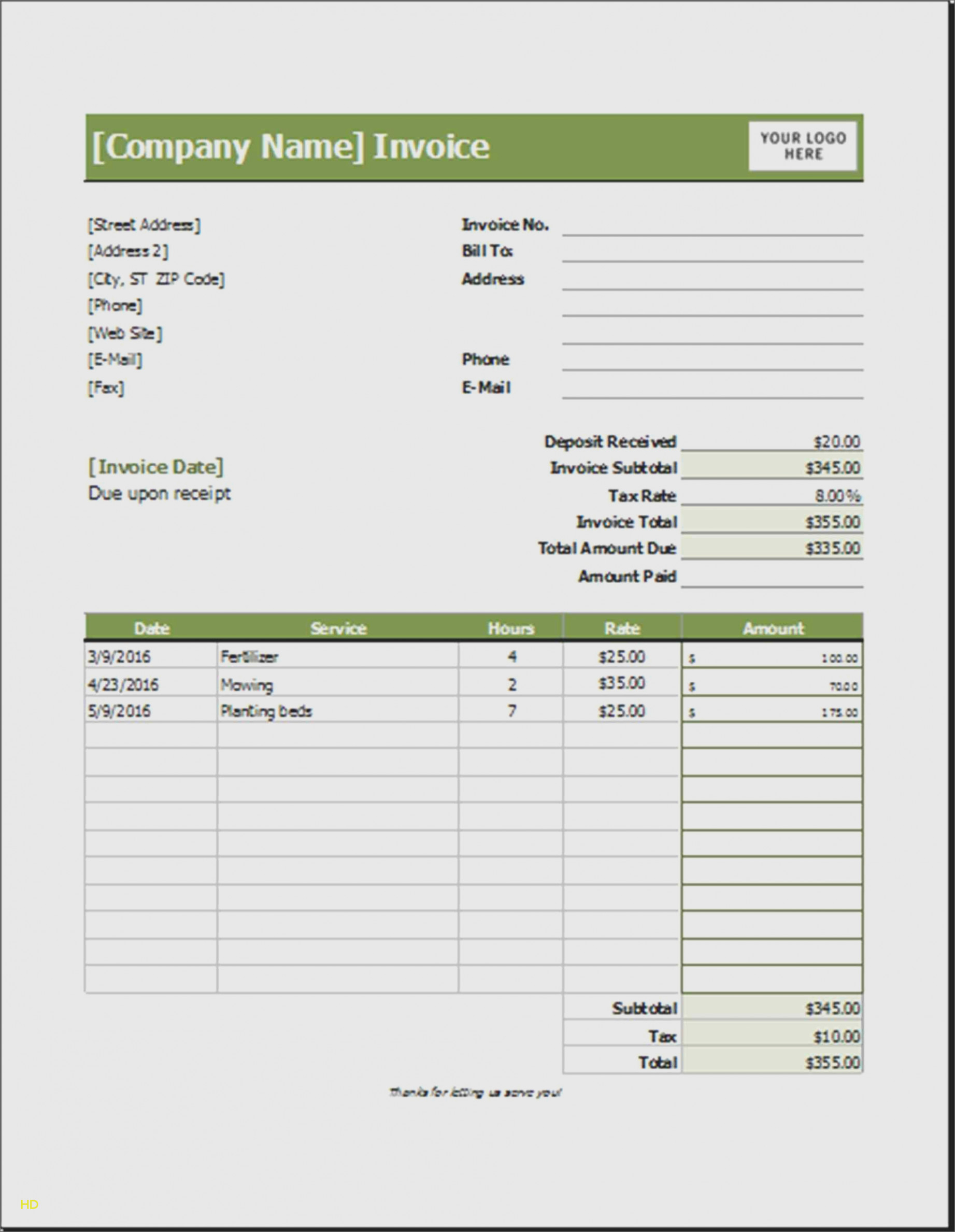 landscaping invoice template excel