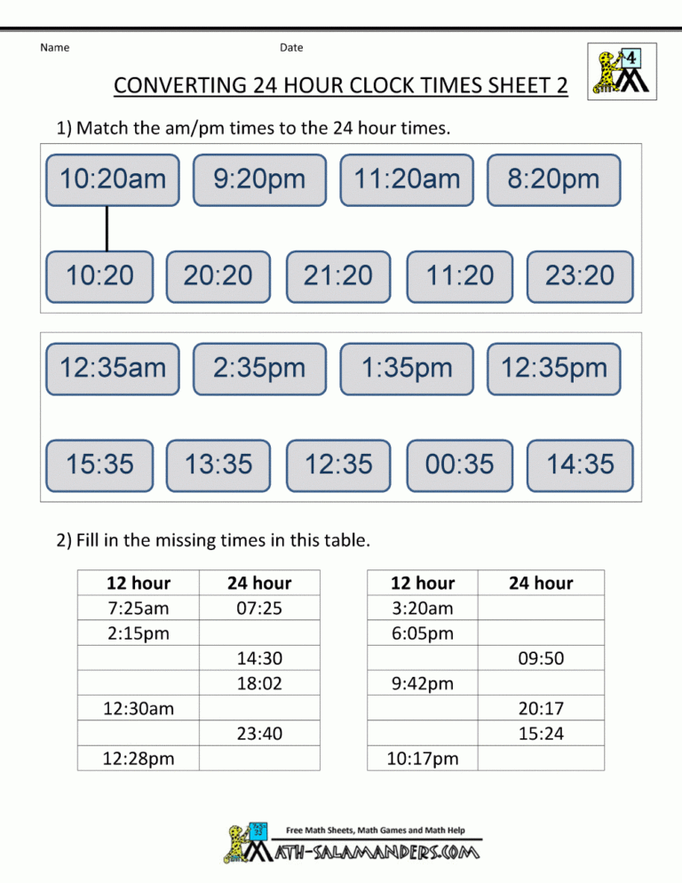 24 hour time clock conversion chart