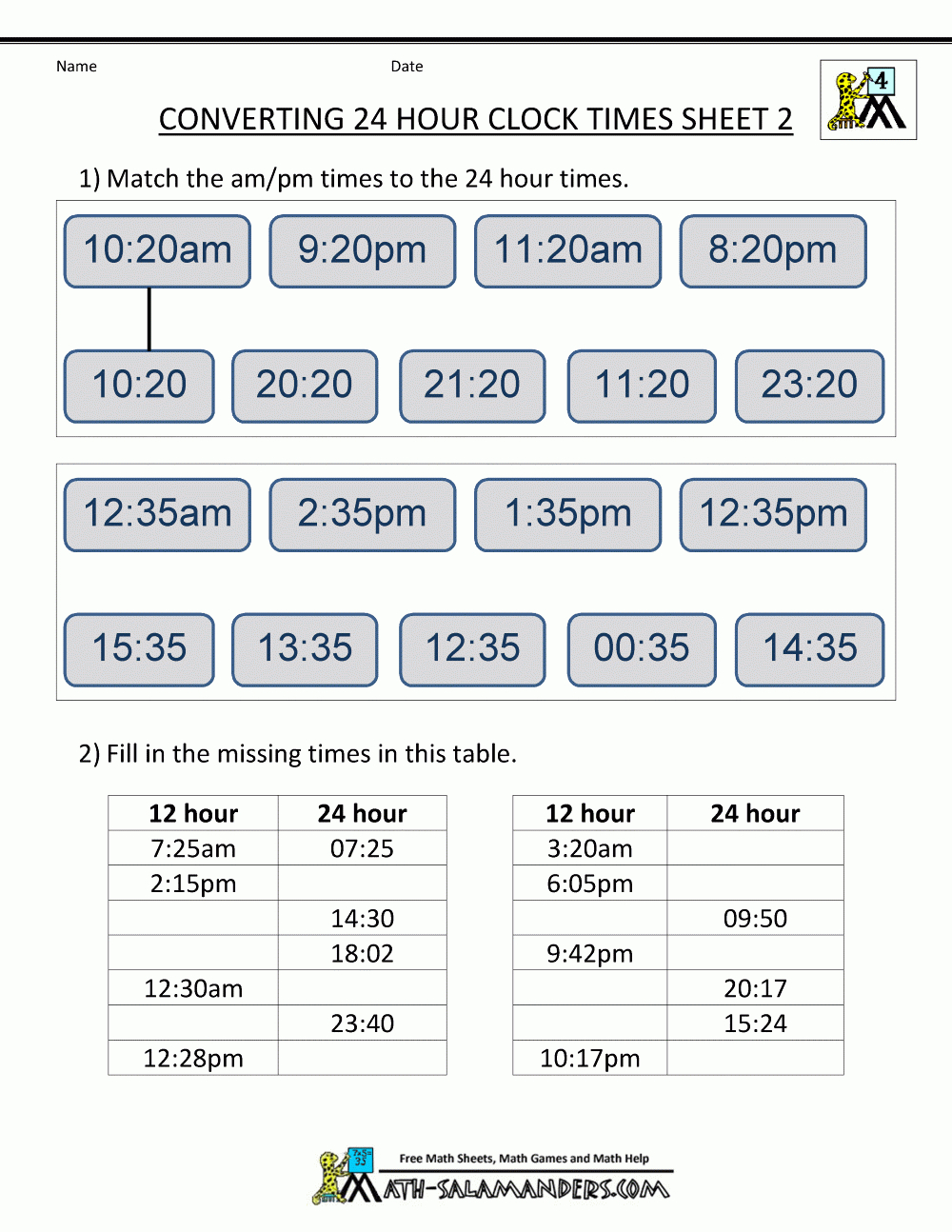 24 Hour Clock Conversion Worksheets Inside Time Clock Conversion Sheet