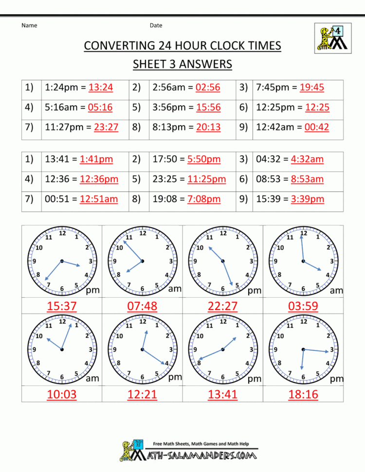 24 Hour Clock Conversion Worksheets To Time Clock Conversion Sheet