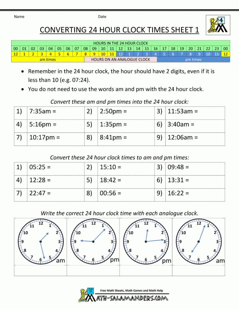 24 hour clock conversion worksheets to time clock conversion sheet db