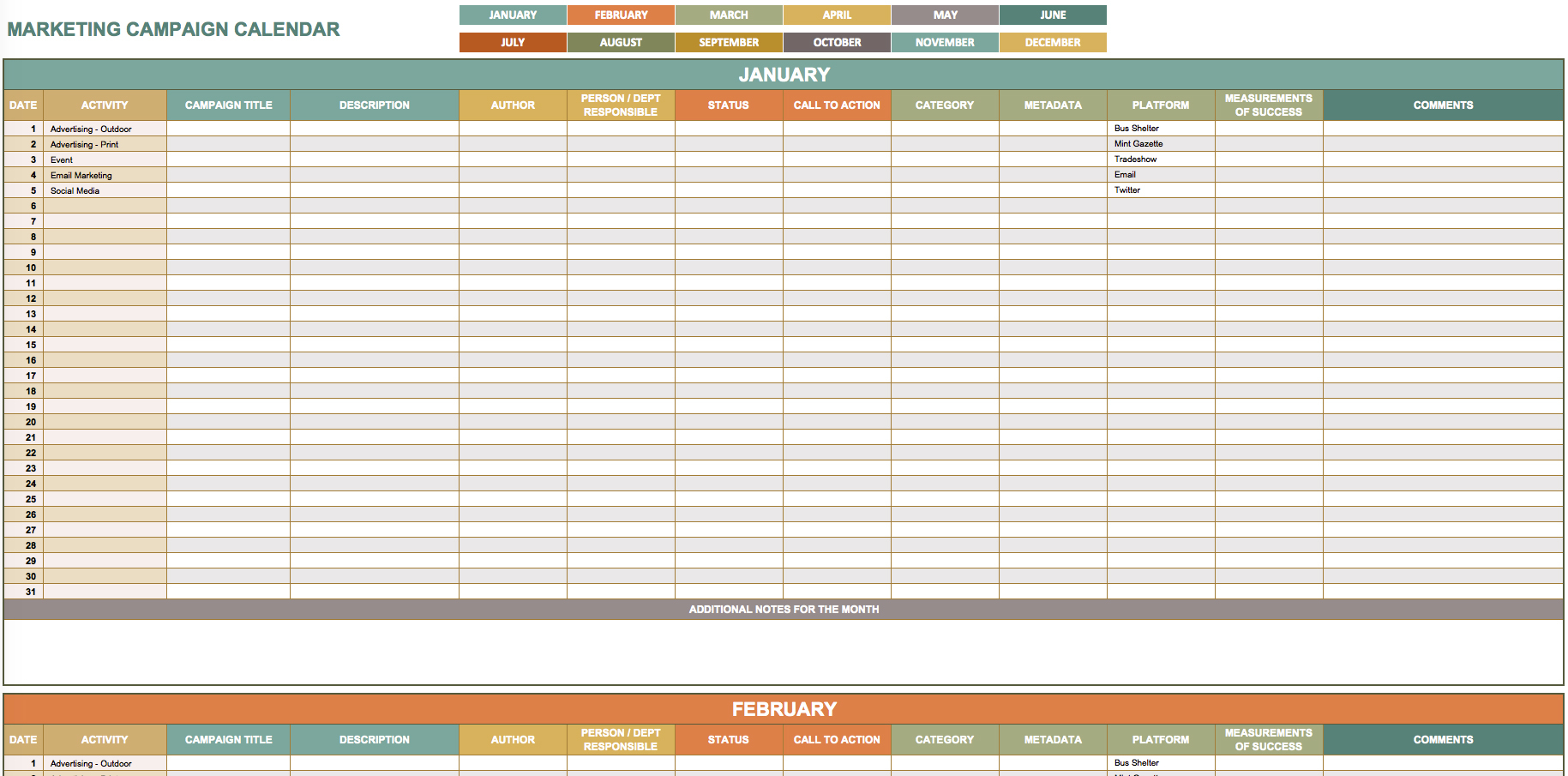 9 Free Marketing Calendar Templates For Excel - Smartsheet With Marketing Tracking Spreadsheet