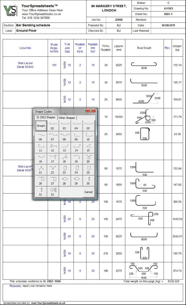 Bar Bending Schedule Spreadsheet To Is 2502 To Bar Spreadsheet