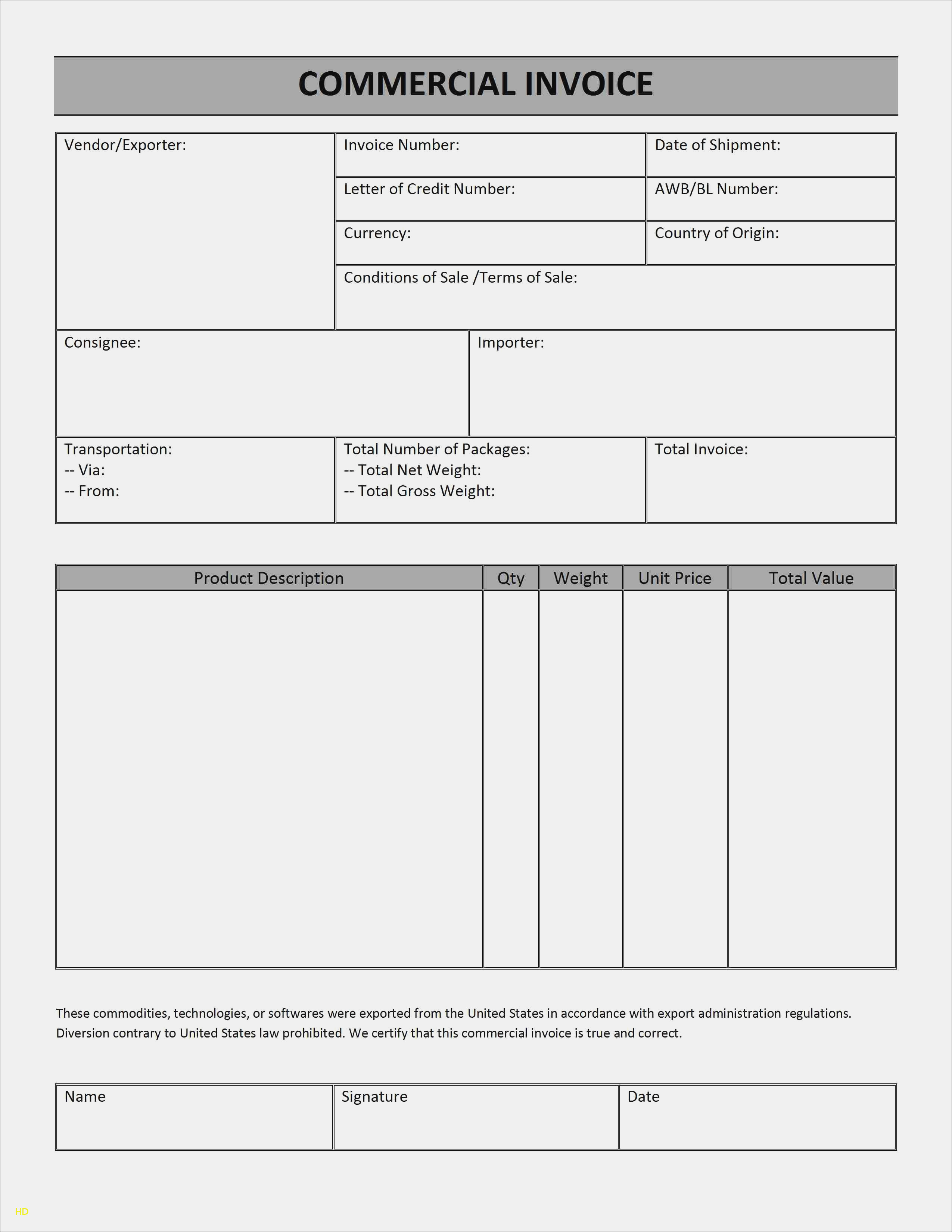 Blank Commercial Invoice Template In Google Docs Google Sheets Excel