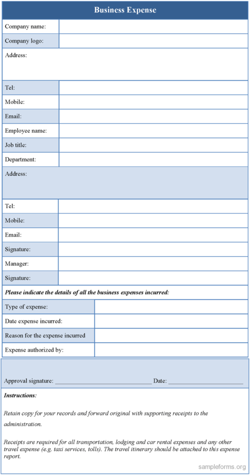 Business Expense Form Template : Sample Forms Within Business Expenses Form Template