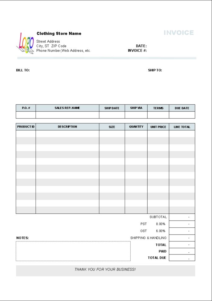 Clothing Store Invoice Template   Uniform Invoice Software With Microsoft Excel Invoice Template
