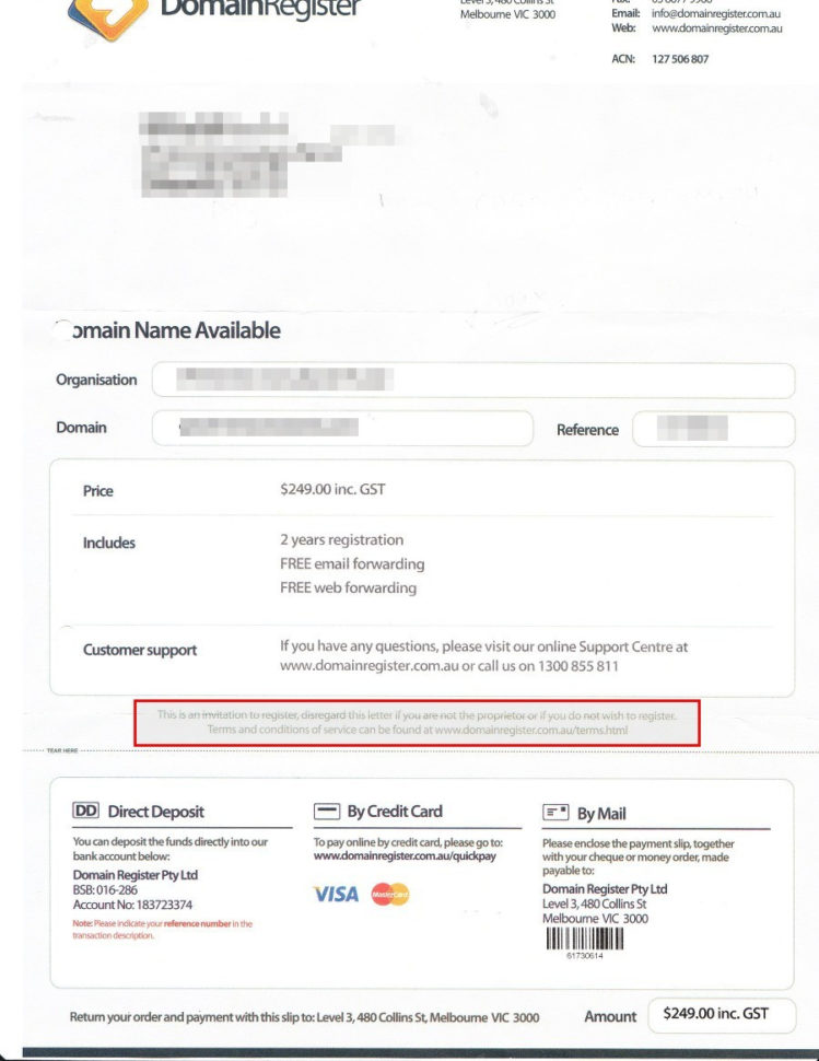 Domain Registration Scam: Domain Register (Domainregister.au And Domain Name Invoice