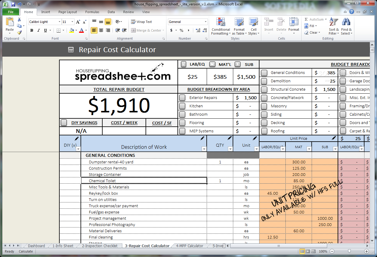 Download House Flipping Spreadsheet 1 Intended For Property Flipping Spreadsheet