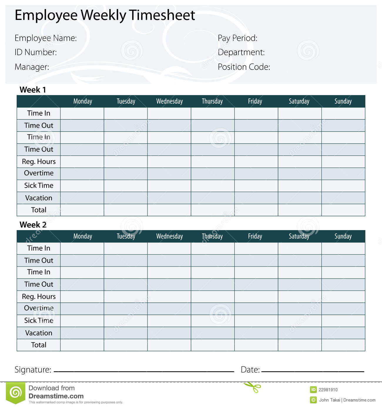 Employee Timesheet Template Stock Vector - Illustration Of Template Within Payroll Weekly Timesheet Template