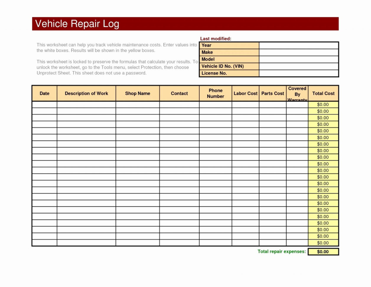 Example Of Auto Maintenance Spreadsheet Vehicle Service Sheet Inside Auto Maintenance Spreadsheet