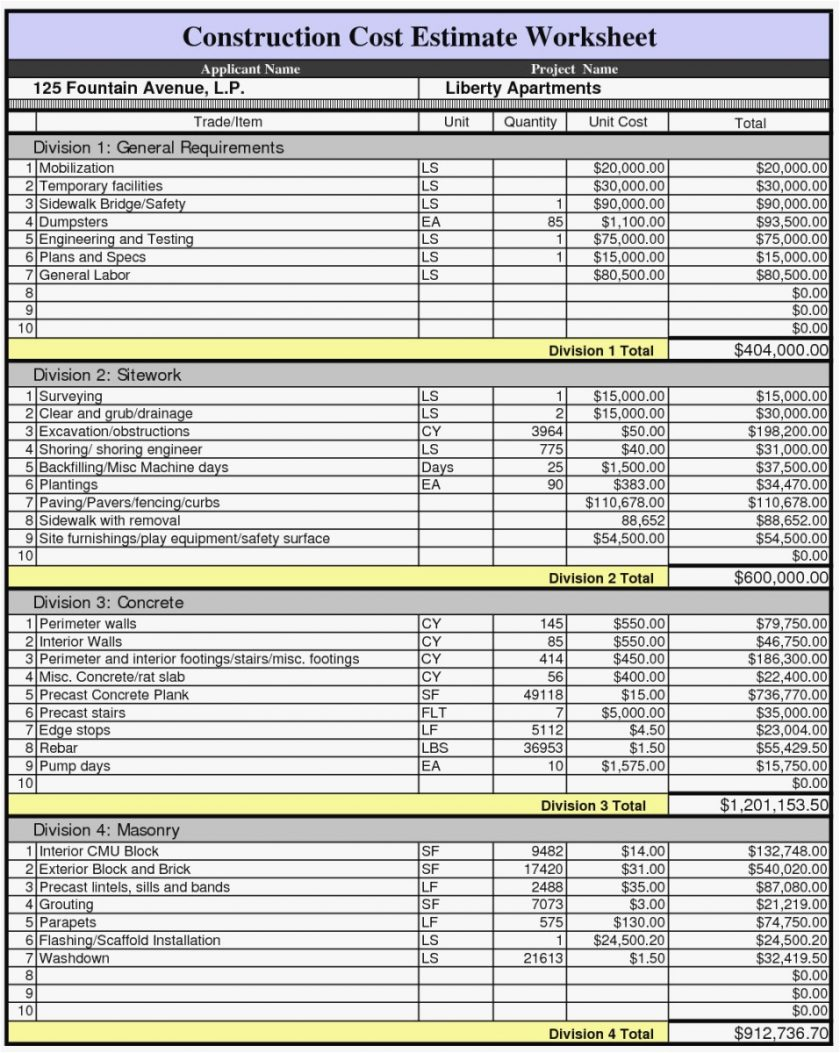 Example Of Estimating Spreadsheets Free Building Construction with Estimating Spreadsheets