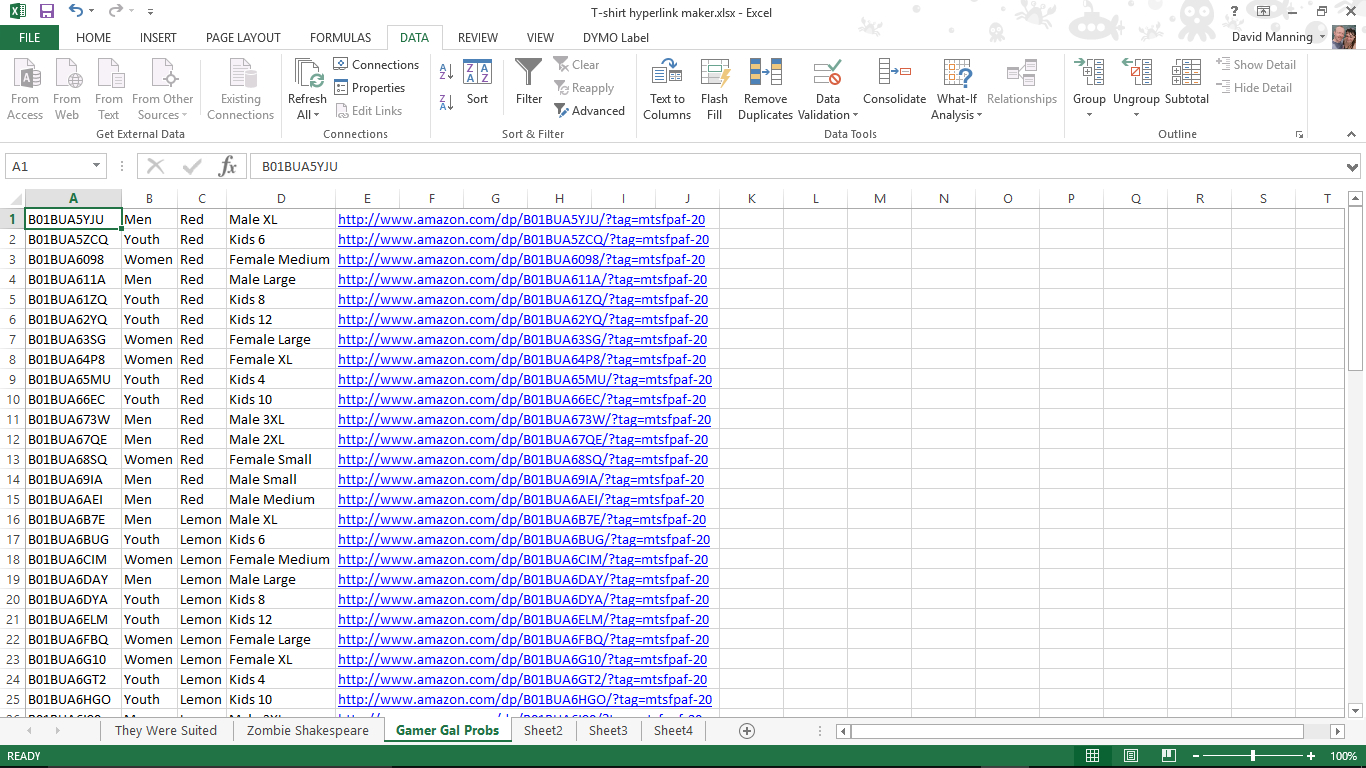 Excel Spreadsheet Of All Variations Of Your Merch Shirt, With With Spreadsheet T Shirt