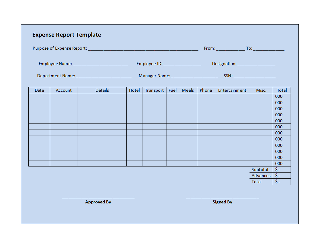 Expense Report Template inside Generic Expense Report