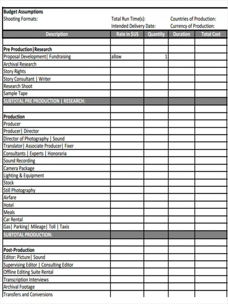 Film Production Budget1 Example Of Budget Spreadsheet Forms Free And Budget Forms Sample