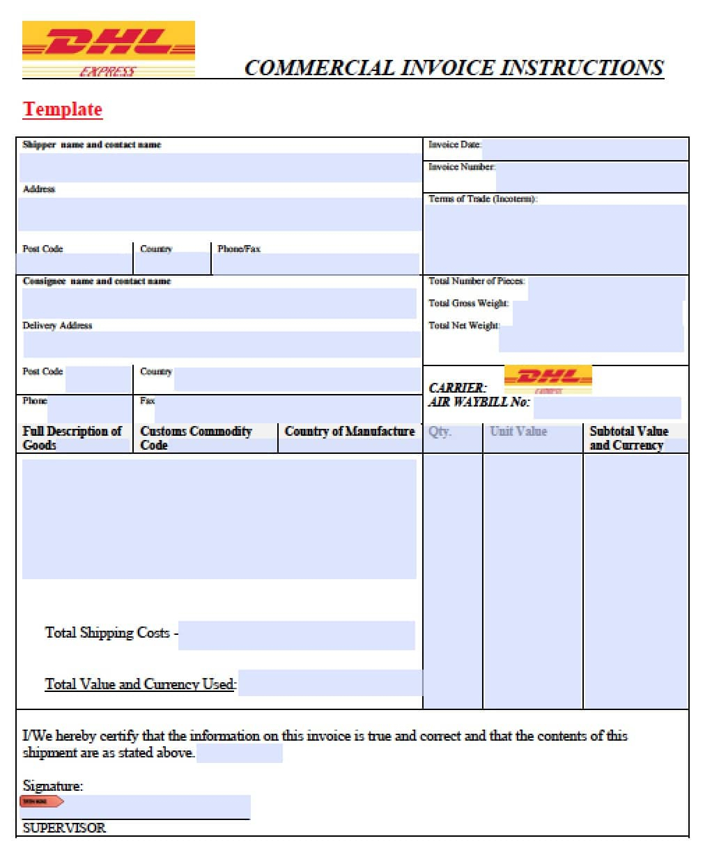 Free Dhl Commercial Invoice Template Excel Pdf Word doc Throughout Shipping Invoice