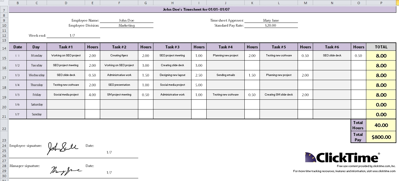 Free Excel Time Tracking Template | Weekly Timesheet | Clicktime For For Task Time Tracker Excel