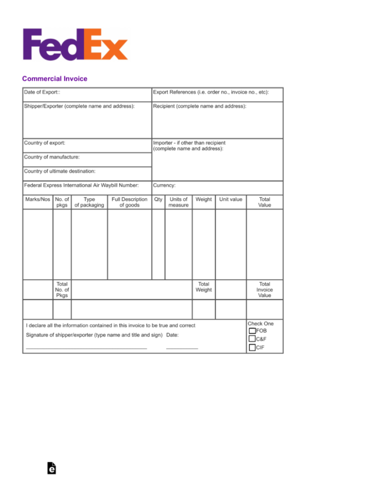 fedex commercial invoice xls template