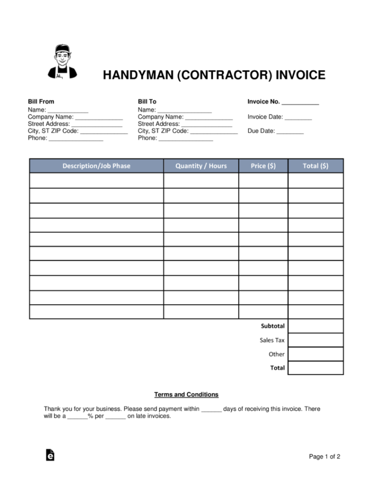 Free Handyman (Contractor) Invoice Template   Word | Pdf | Eforms To Handyman Invoice