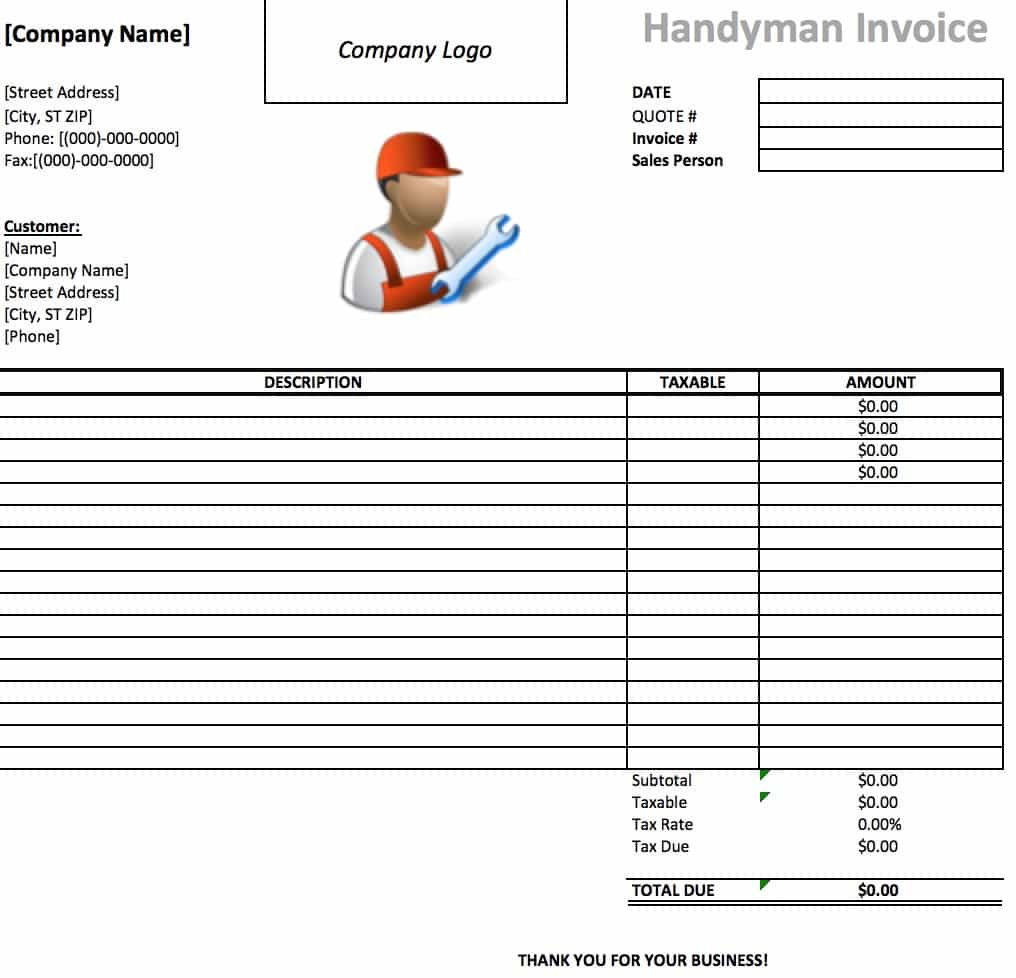 Free Handyman Invoice Template | Excel | Pdf | Word (.doc) For Handyman Invoice