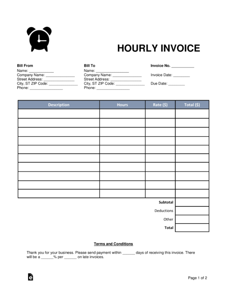 Free Hourly Invoice Template   Word | Pdf | Eforms – Free Fillable Forms And Hourly Invoice Template