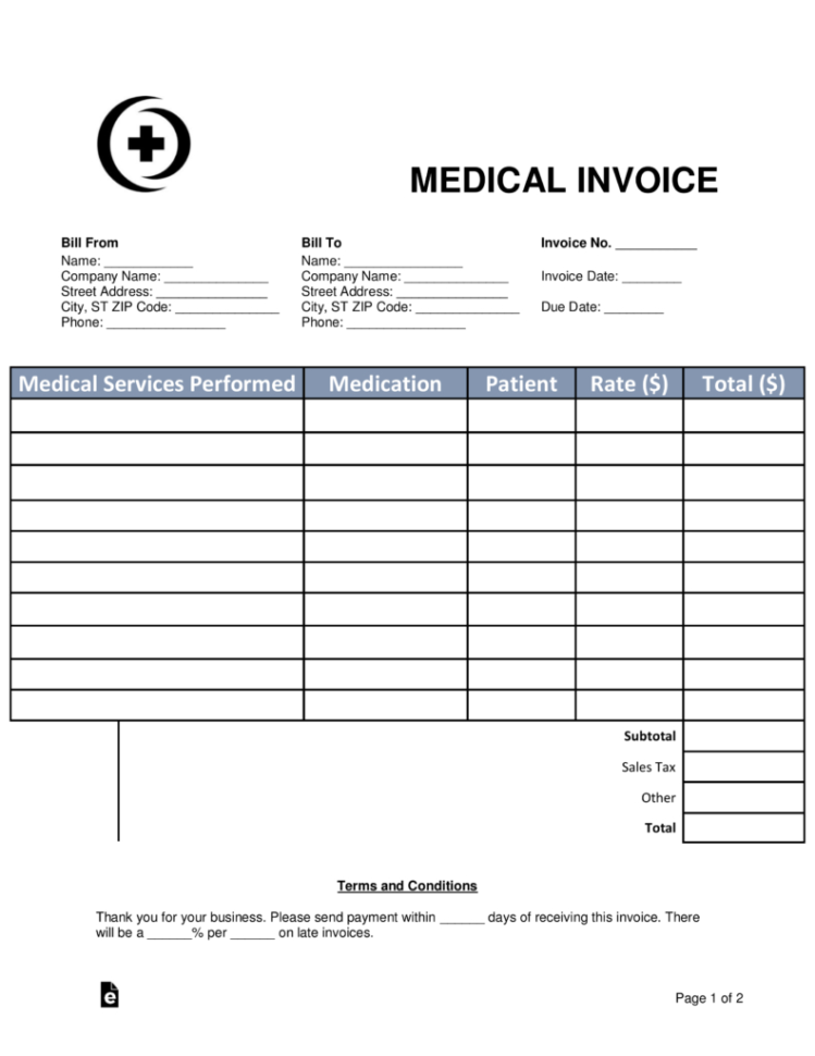 Free Medical Invoice Template   Word | Pdf | Eforms – Free Fillable In Medical Invoice Template