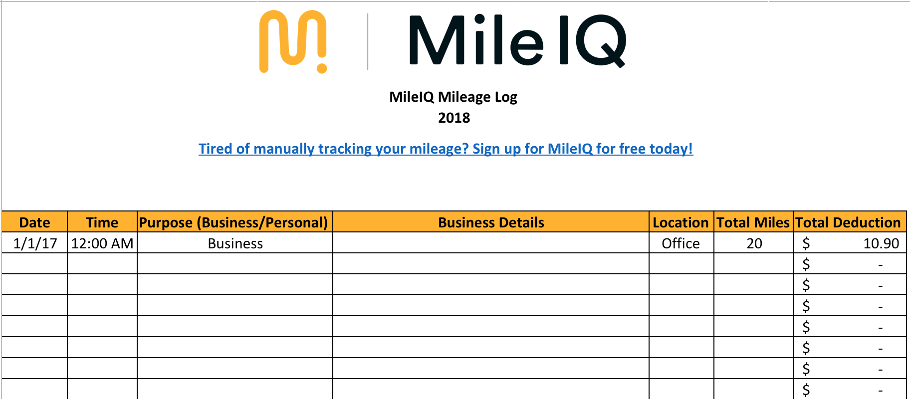 Free Mileage Log Template For Taxes, Track Business Miles | Mileiq Uk To Spreadsheet For Taxes