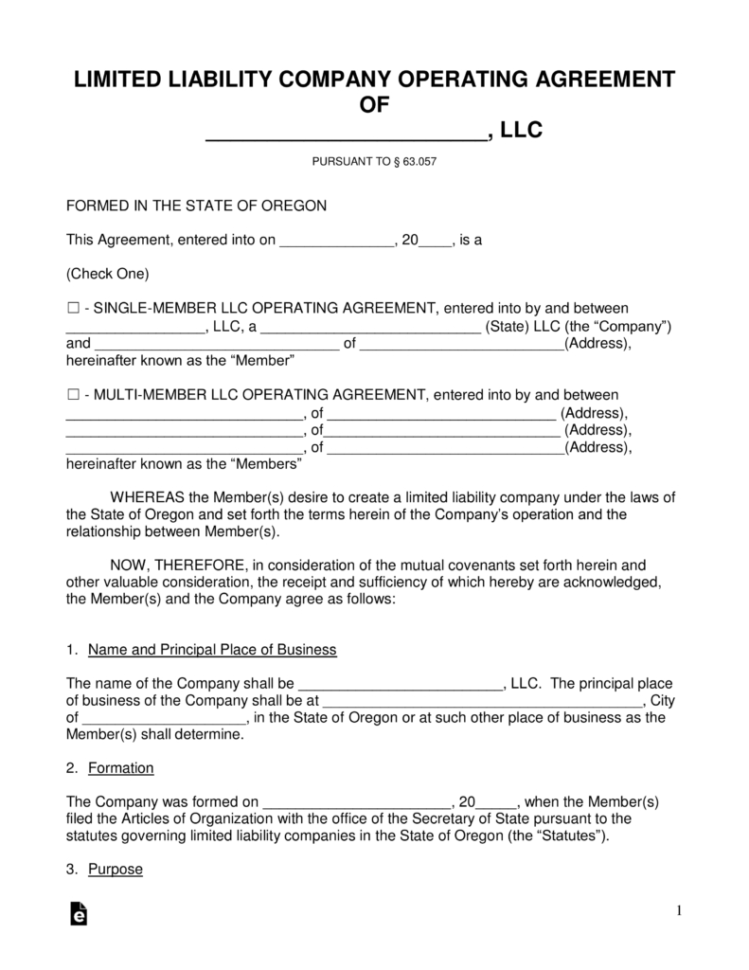 Free Oregon Llc Operating Agreement Forms   Pdf | Word | Eforms Inside Oregon State Business Registry
