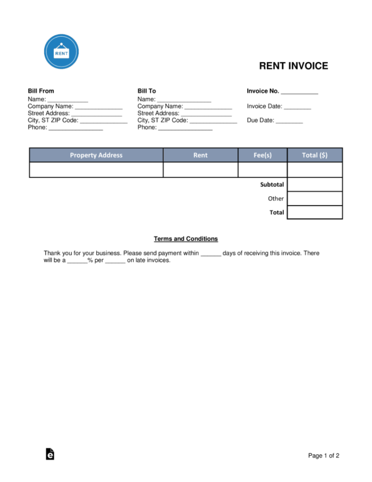 Free Rental (Monthly Rent) Invoice Template   Word | Pdf | Eforms Within Rental Invoice Template