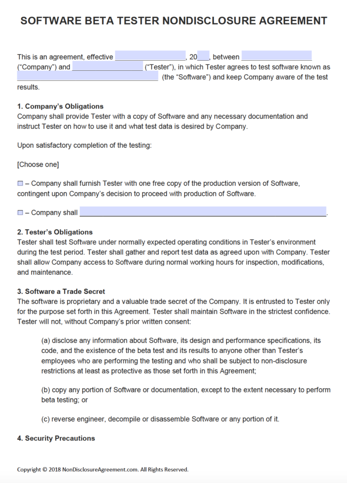 Free Software Beta Tester Non Disclosure Agreement (Nda) | Pdf Throughout Business Contract Software
