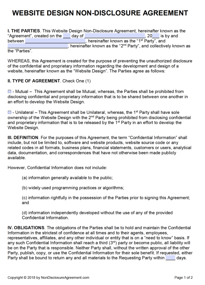 Free Website Design Non Disclosure Agreement (Nda) | Pdf | Word (.docx) To Business Contract Software