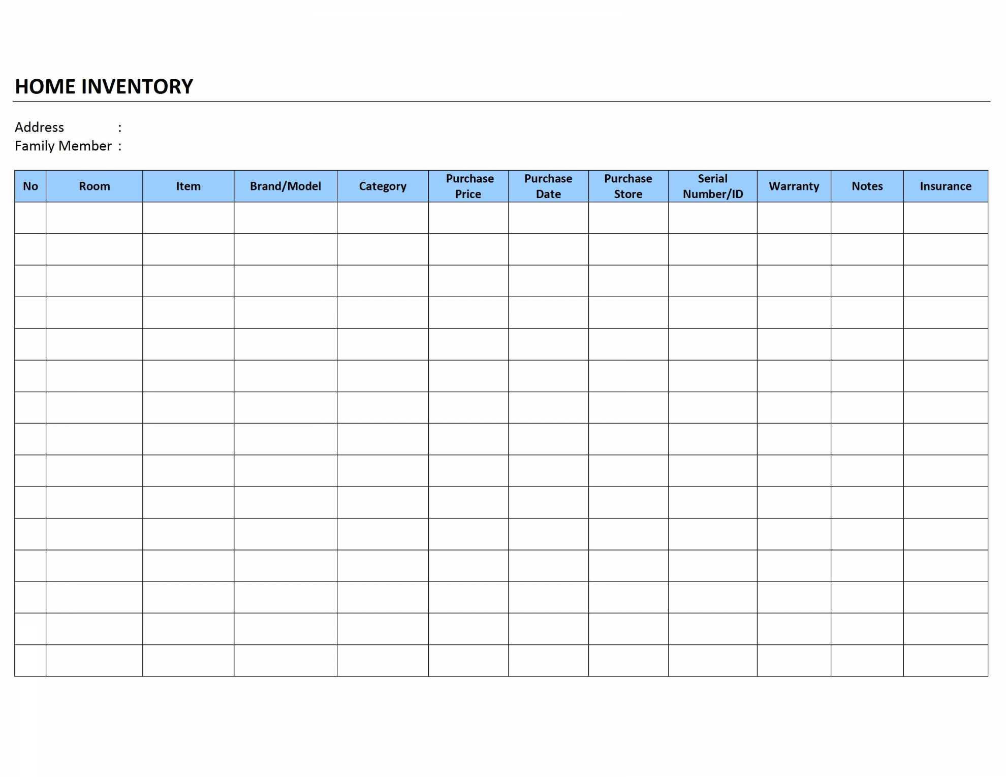 Furniture Inventory Template