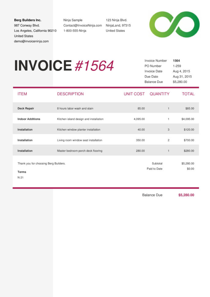 Invoice & Quotation Template Designs | Invoice Ninja Inside Professional Invoice Template