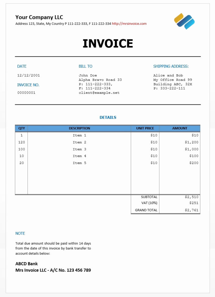 Invoice Template Word Doc Invoice Template Doc Invoice Sample Template Inside Invoice Template Word Doc