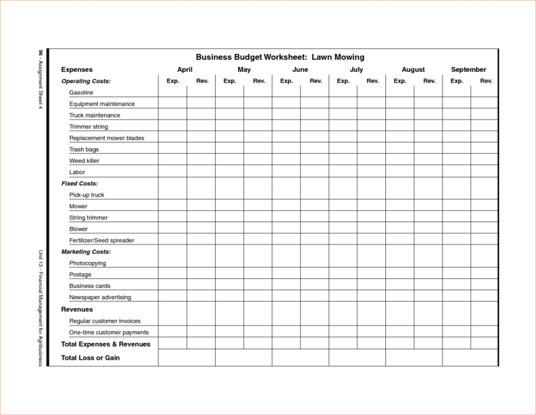 Lawn Care Business Expenses Spreadsheet Db excel