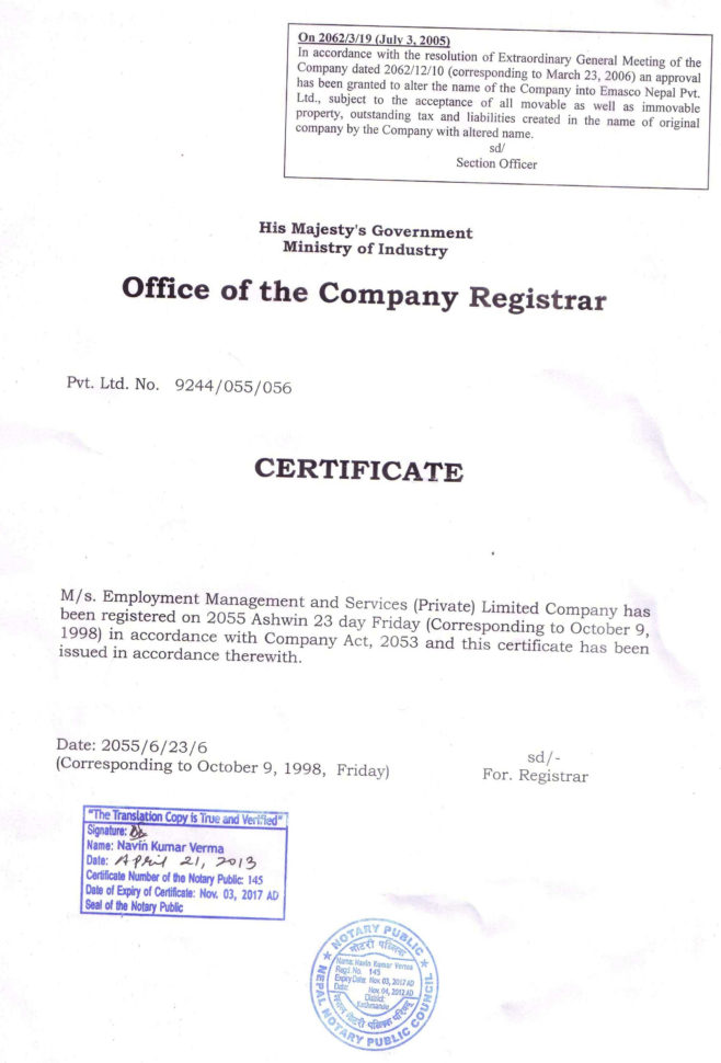 License/certificates – Emasco Nepal Pvt. Ltd. Within Business Registration License