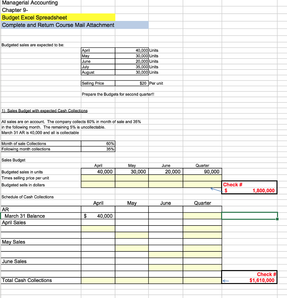 Managerial Accounting Chapter 9  Budget Excel Spre | Chegg In Spreadsheet Course