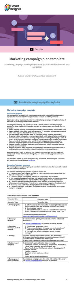 Marketing Campaign Plan Template | Smart Insights Inside Marketing Campaign Tracking Spreadsheet