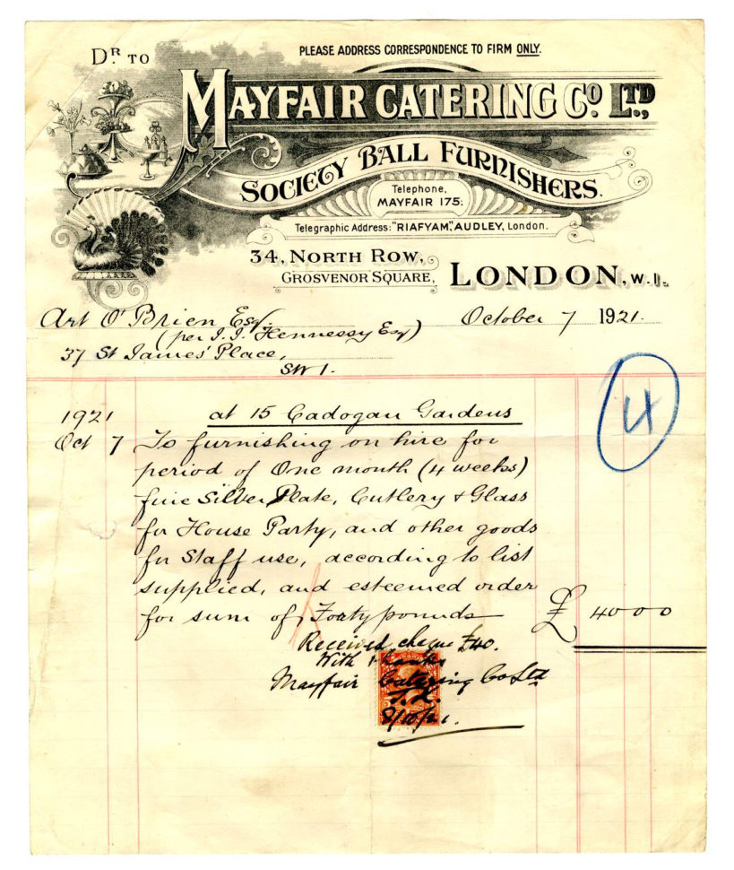 Mayfair Catering Company Invoice – 7 October 1921 | Treaty Within Catering Service Invoice
