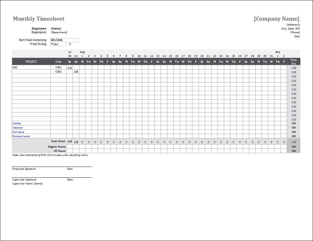 Monthly Timesheet Template For Excel In Tracking Employee Time Off Excel Template