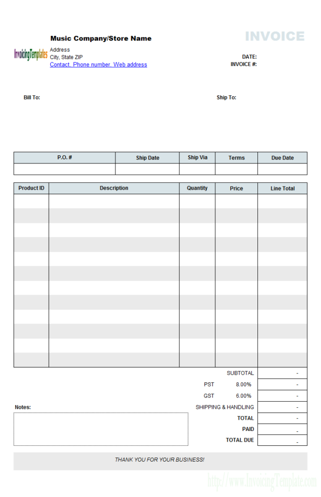 Music Store Invoice Template (Retail) And Microsoft Excel Invoice Template