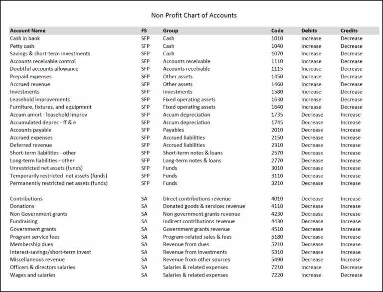 Nonprofit Chart Of Accounts Template | Double Entry Bookkeeping for