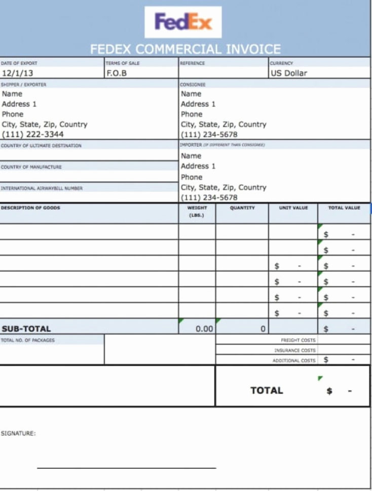 fedex commercial invoice template word