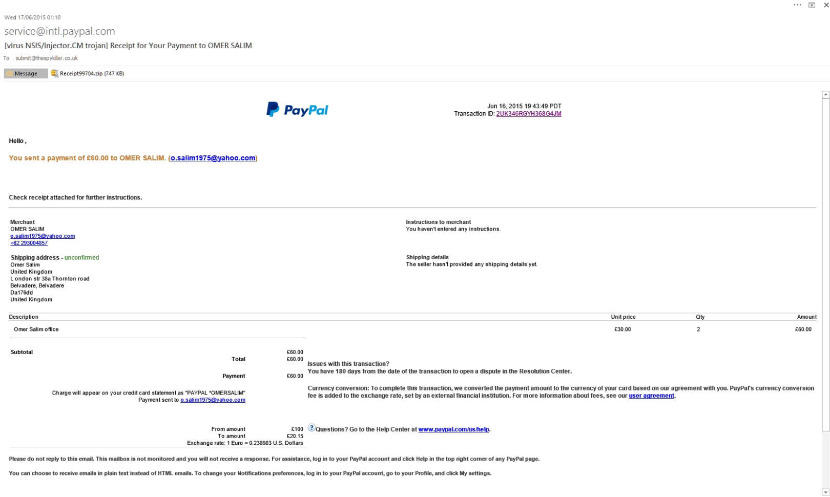 Paypal Receipt For Your Payment To Omer Salim – Fake Pdf Malware With Paypal Invoice Template