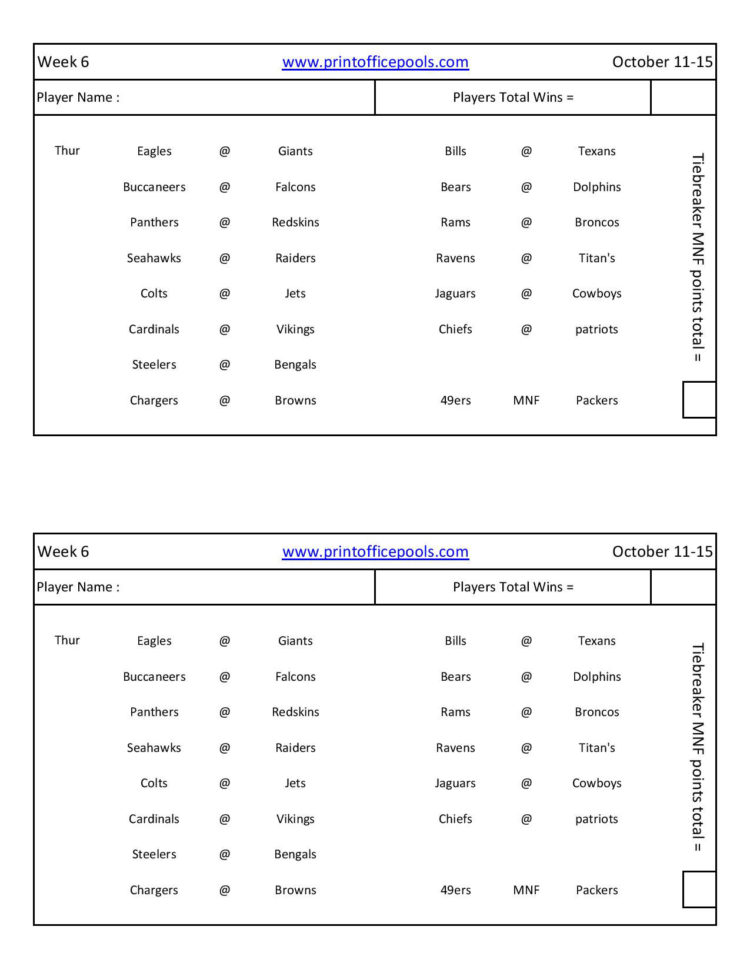 Printable Nfl Pick Em Football Pool Sheet Template Week 6. For Weekly Football Pool Spreadsheet